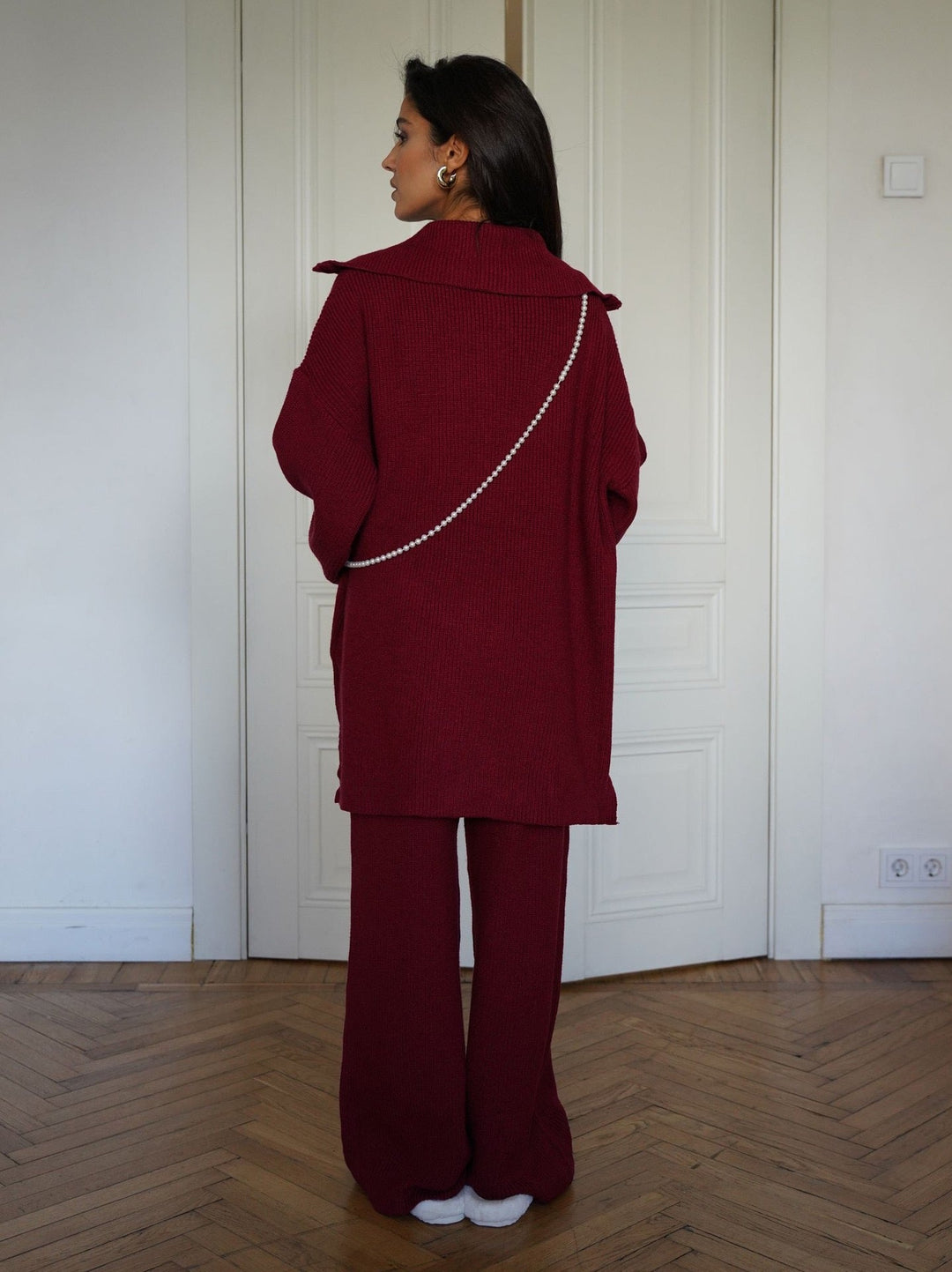 Damen Strick Set Zweiteilig In Bordeaux Mit Hohem Kragen