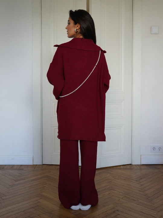 Damen Strick Set Zweiteilig In Bordeaux Mit Hohem Kragen