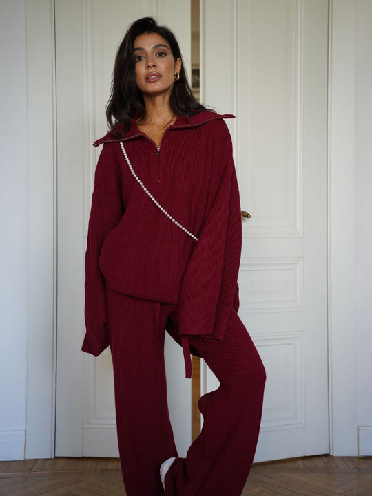 Damen Strick Set Zweiteilig In Bordeaux Mit Hohem Kragen
