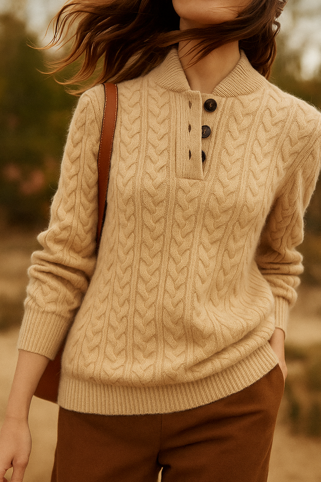 Damen Zopfmuster Pullover Mit Knopfleiste Und Stehkragen