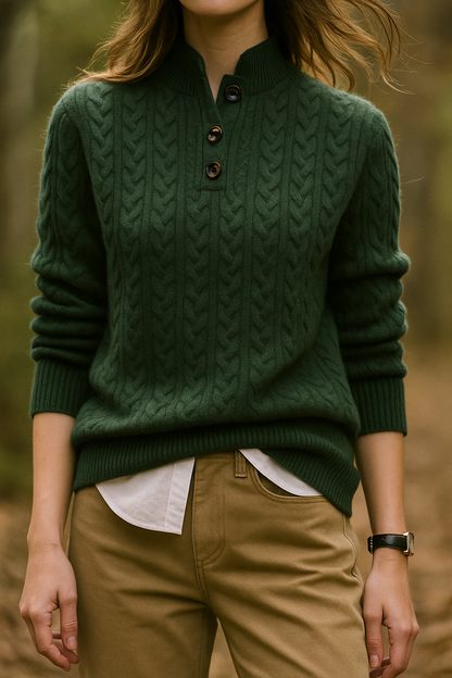 Damen Zopfmuster Pullover Mit Knopfleiste Und Stehkragen