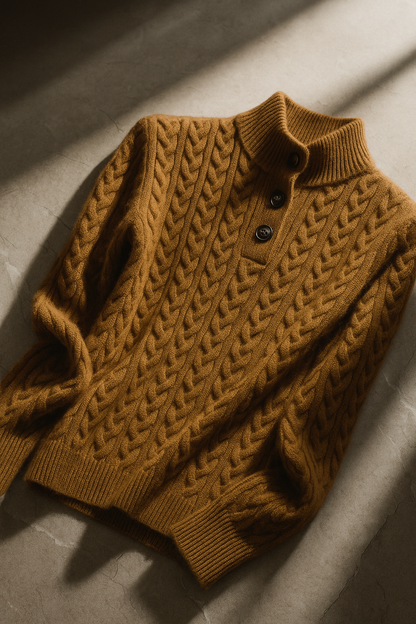 Damen Zopfmuster Pullover Mit Knopfleiste Und Stehkragen