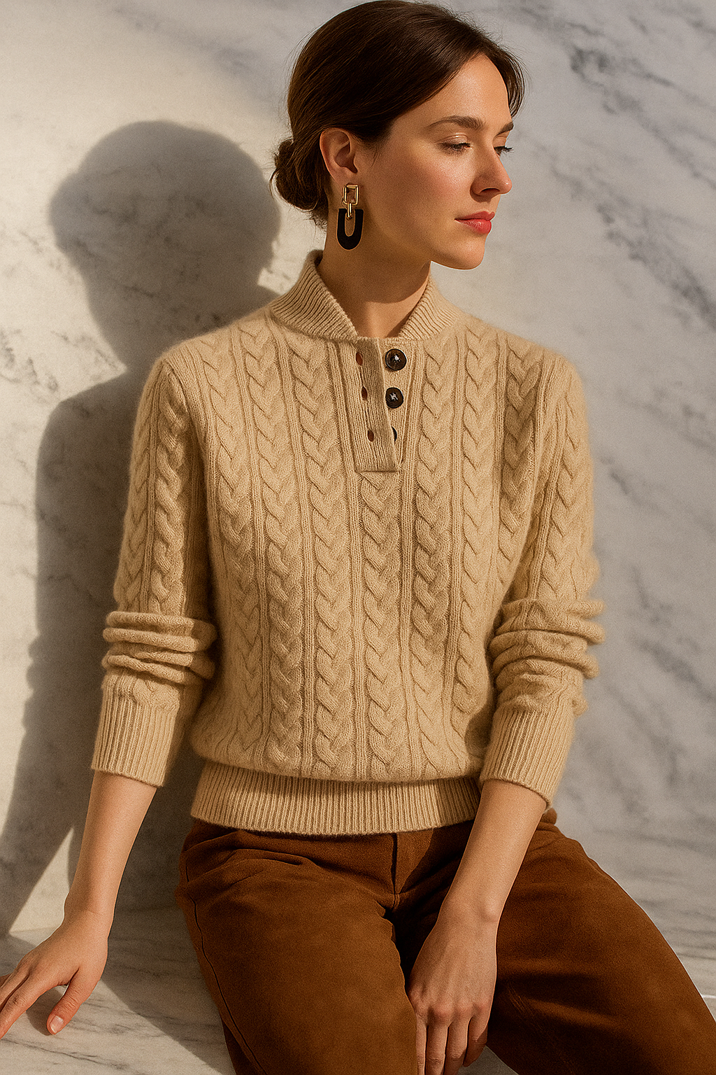Damen Zopfmuster Pullover Mit Knopfleiste Und Stehkragen