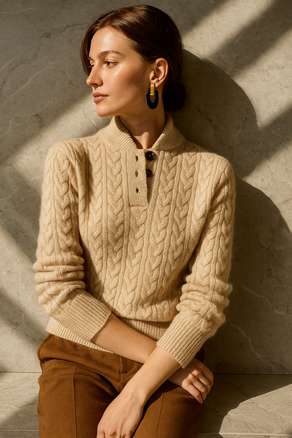Damen Zopfmuster Pullover Mit Knopfleiste Und Stehkragen
