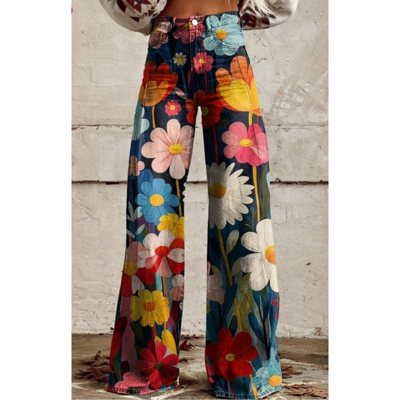 Damen Schlaghose Mit Blumenmuster Im Retro Stil