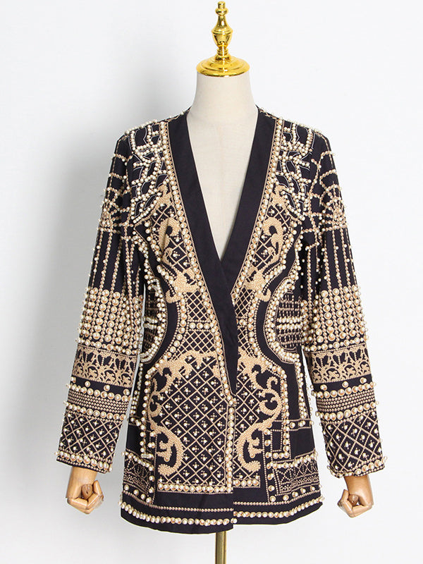 Damen Blazer Mit Perlenverzierung Und V Ausschnitt
