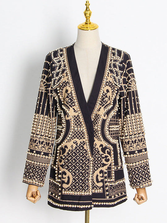 Damen Blazer Mit Perlenverzierung Und V Ausschnitt