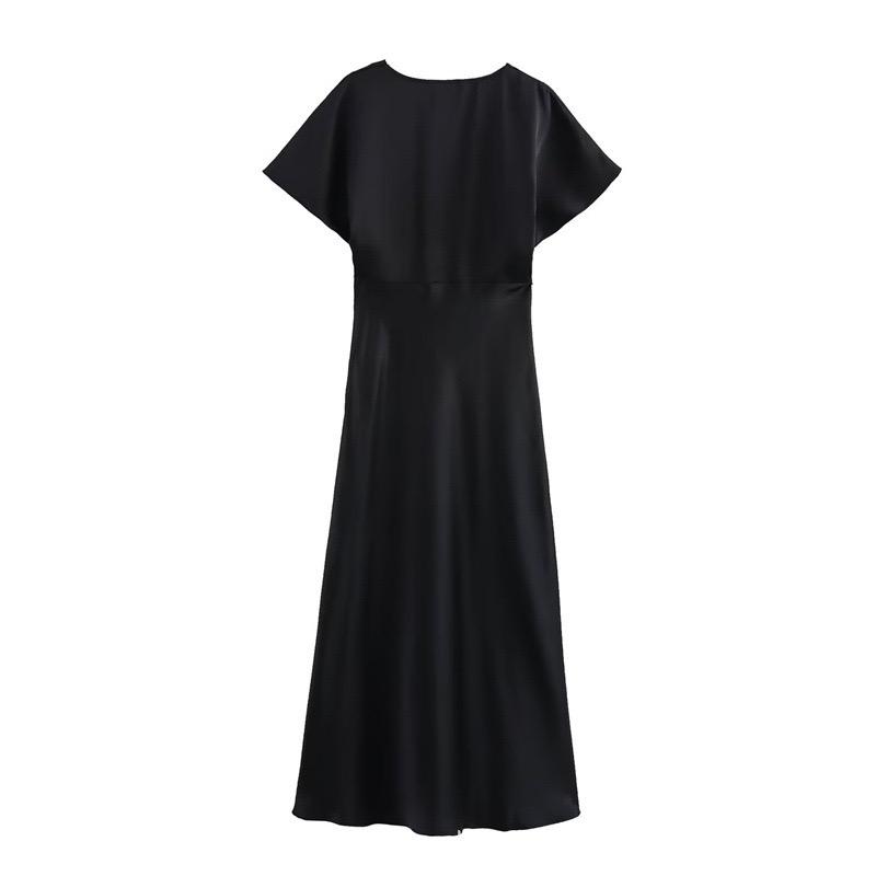 Satin Midikleid Schwarz Halbarm