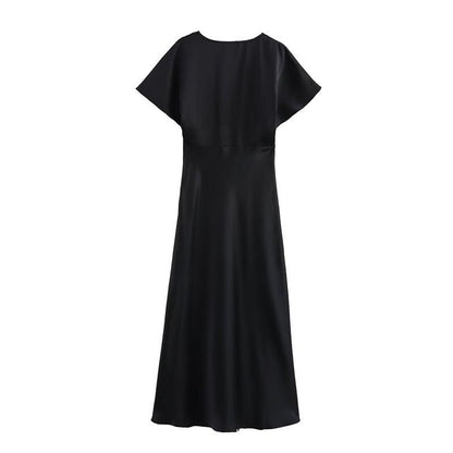 Satin Midikleid Schwarz Halbarm