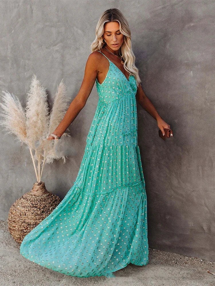 Boho-Chic Grünes Langes Sommerkleid