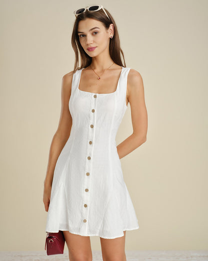 Baumwoll Mini-Kleid in A-Linie mit Knöpfen Weiß