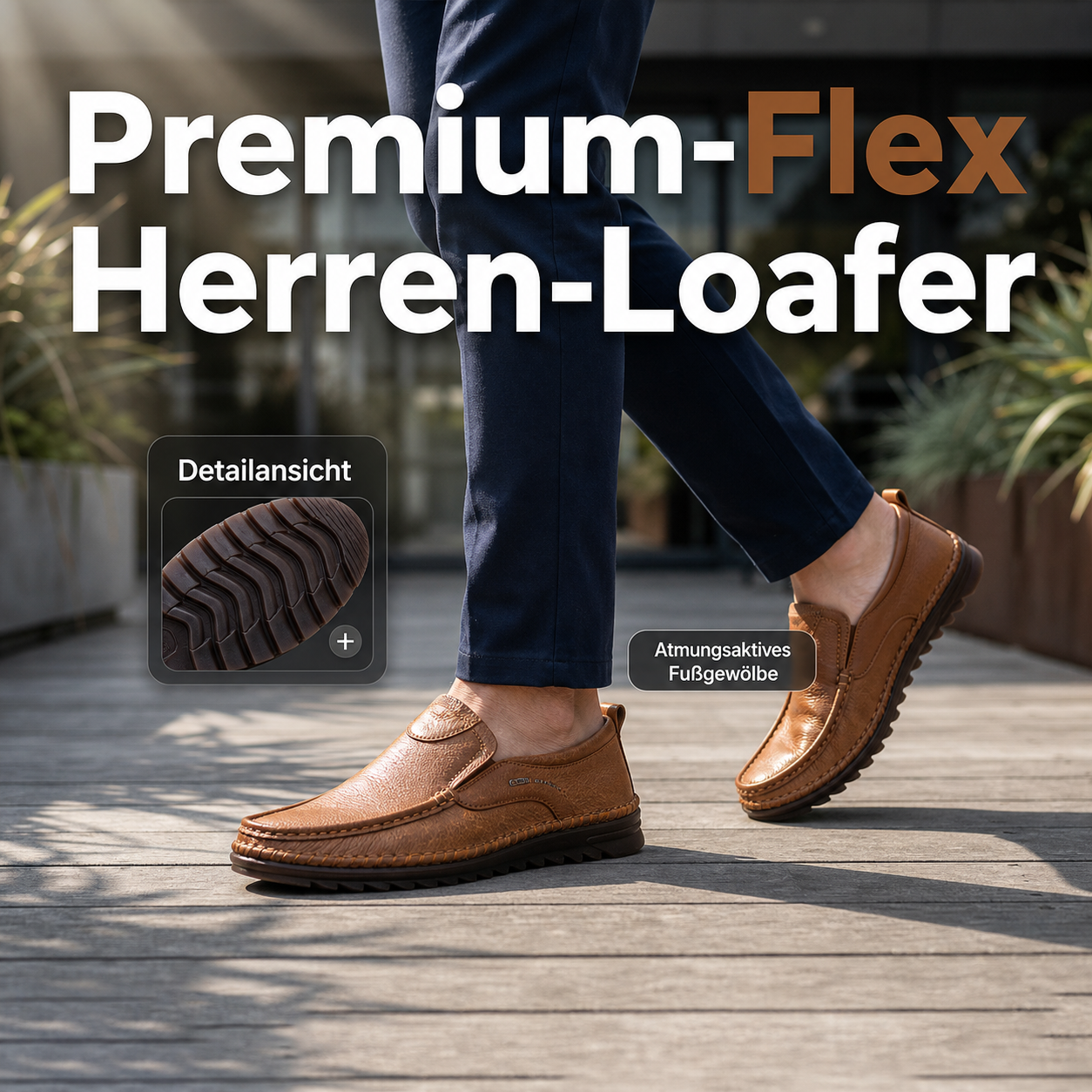 Sohlenansicht der Herren-Loafer mit flacher Laufsohle