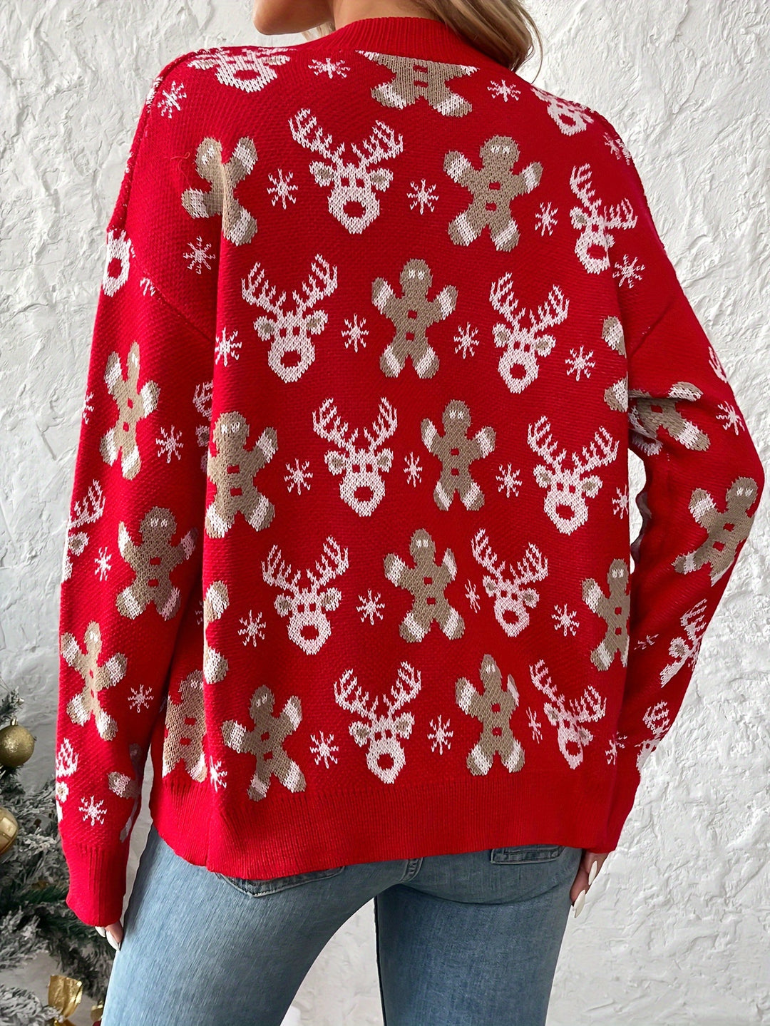 Weihnachtsstrickjacke mit Rentier- und Schneeflockenmuster für Damen