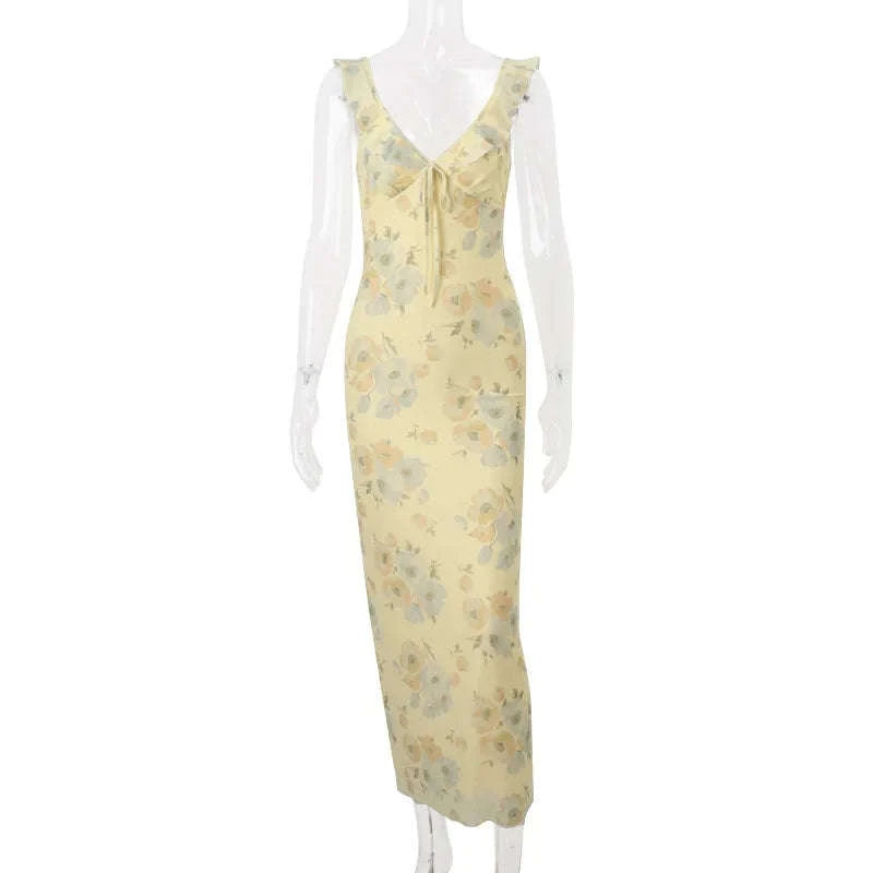 Florales Maxikleid mit tiefem V-Ausschnitt und offenem Rücken Sommerkleid