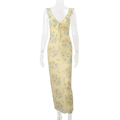 Florales Maxikleid mit tiefem V-Ausschnitt und offenem Rücken Sommerkleid