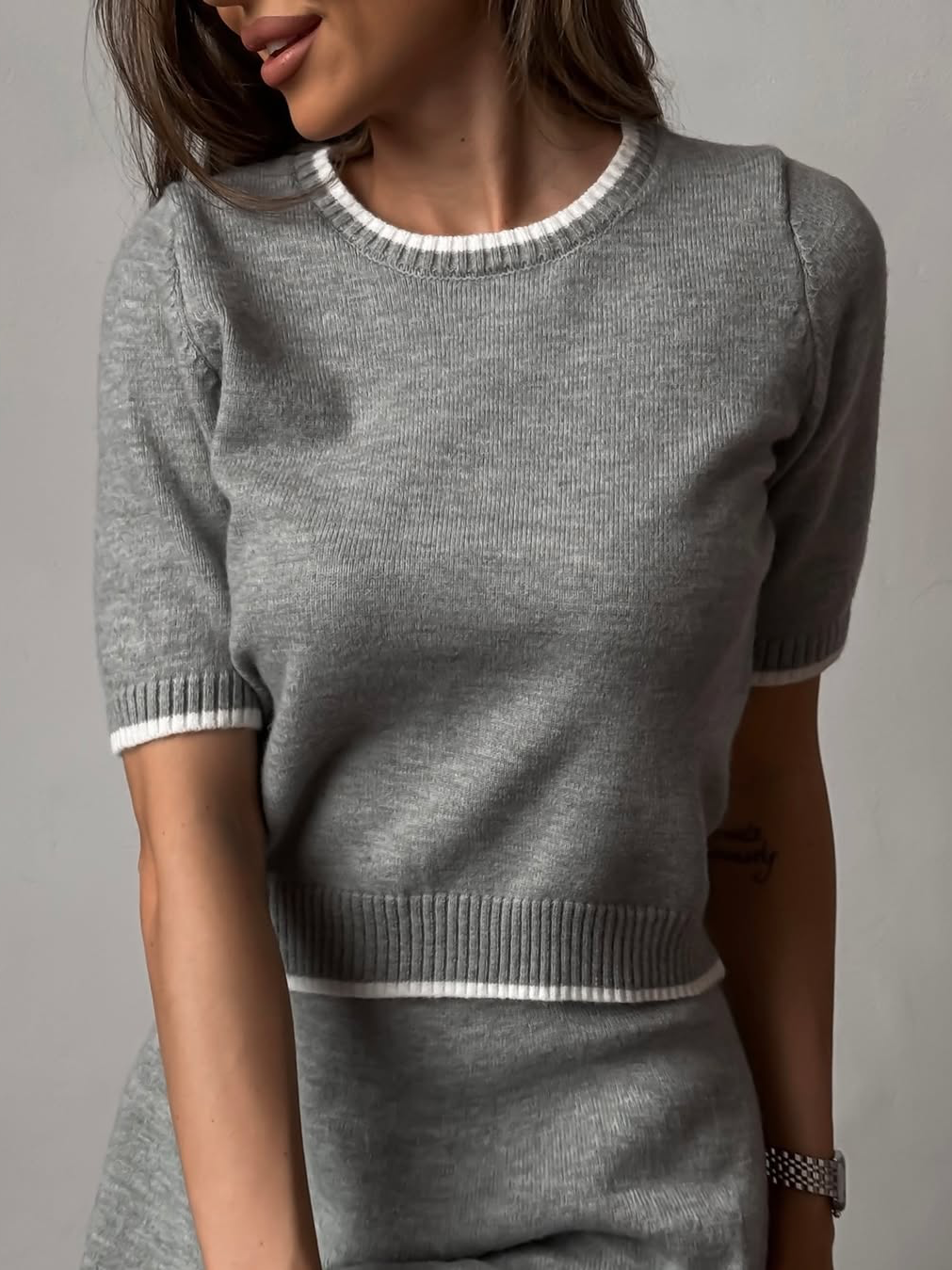 Damen Strick Set Dreiteilig Mit Blazer Top Und Rock