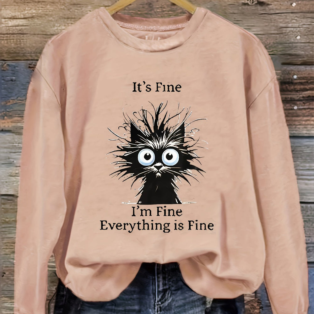 Sweatshirt mit Katzenmotiv und Rundhalsausschnitt für Damen