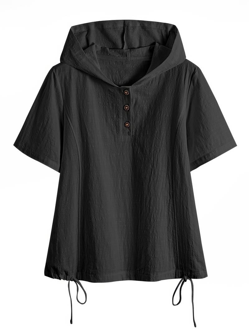 Lässiger kurzärmeliger Kapuzenpullover mit Knopfleiste