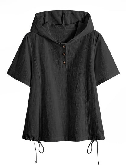 Lässiger kurzärmeliger Kapuzenpullover mit Knopfleiste