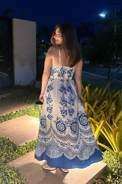Polyester Spaghettiträger Midikleid Blau