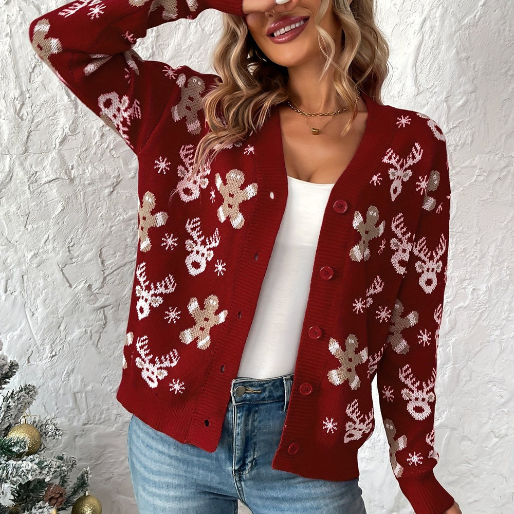 Weihnachtsstrickjacke mit Rentier- und Schneeflockenmuster für Damen