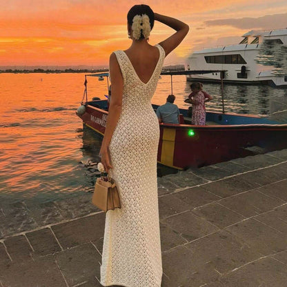Häkel-Maxikleid mit offenem Rücken Weiß