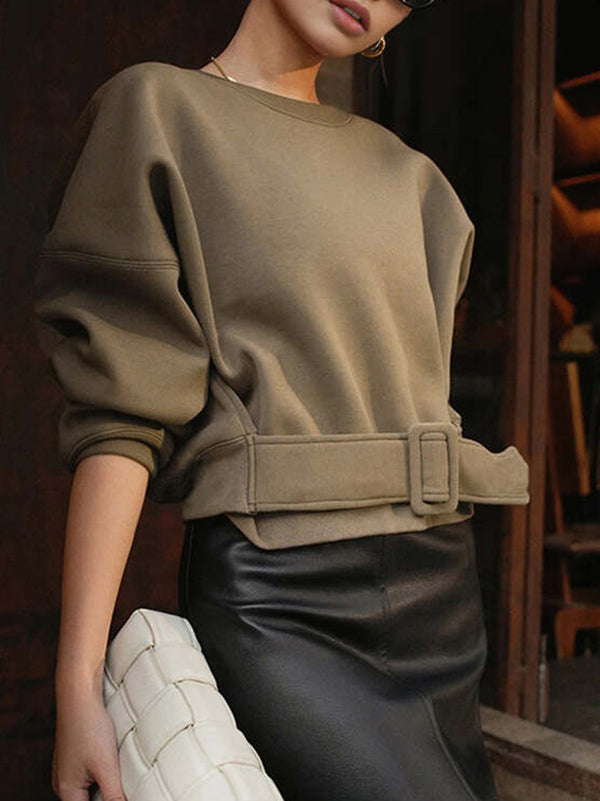 Damen Sweatshirt Mit Gürtel Und Rundhalsausschnitt