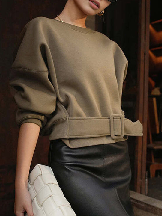 Damen Sweatshirt Mit Gürtel Und Rundhalsausschnitt