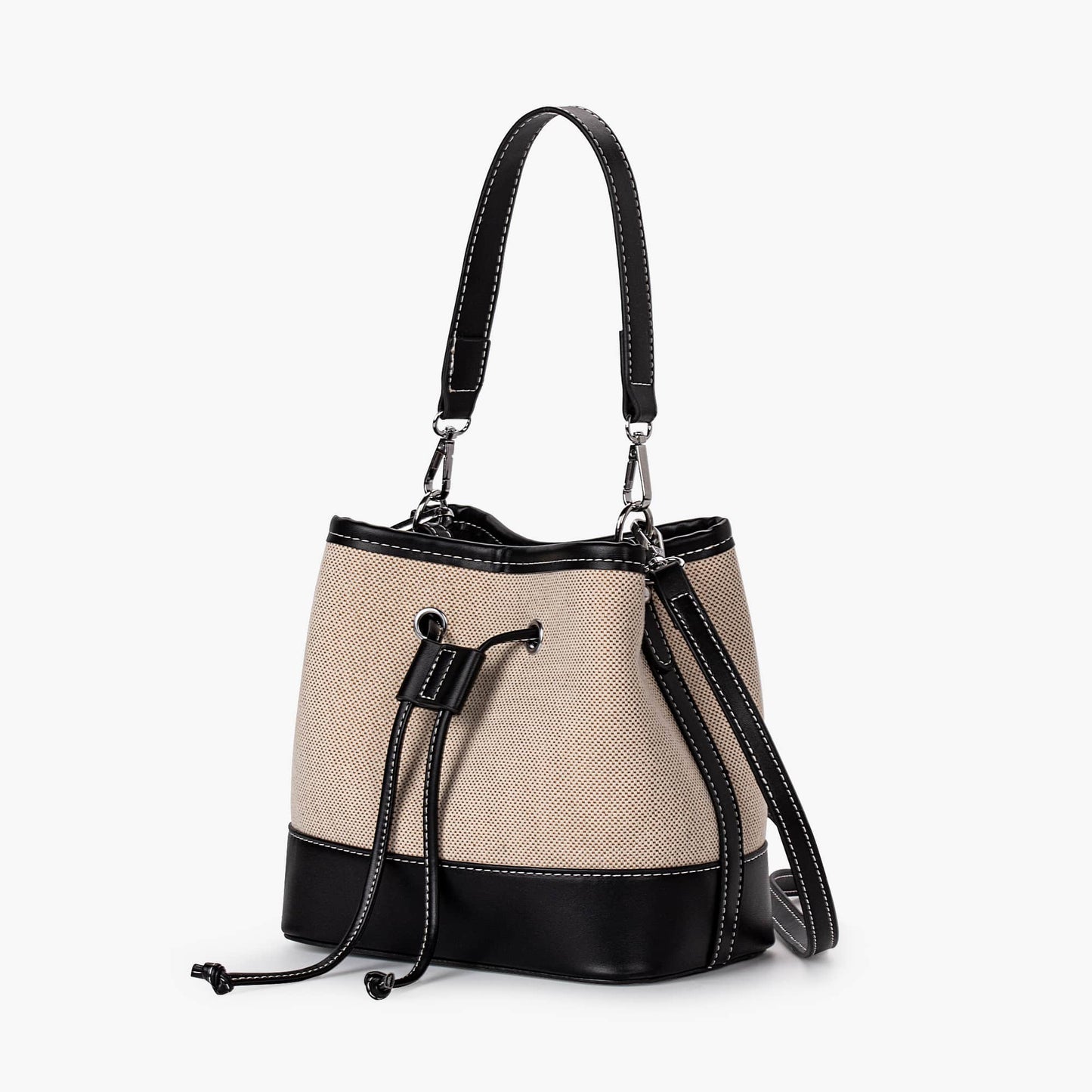 Canvas-Eimer-Tasche mit veganem Lederbesatz und Kordelverschluss