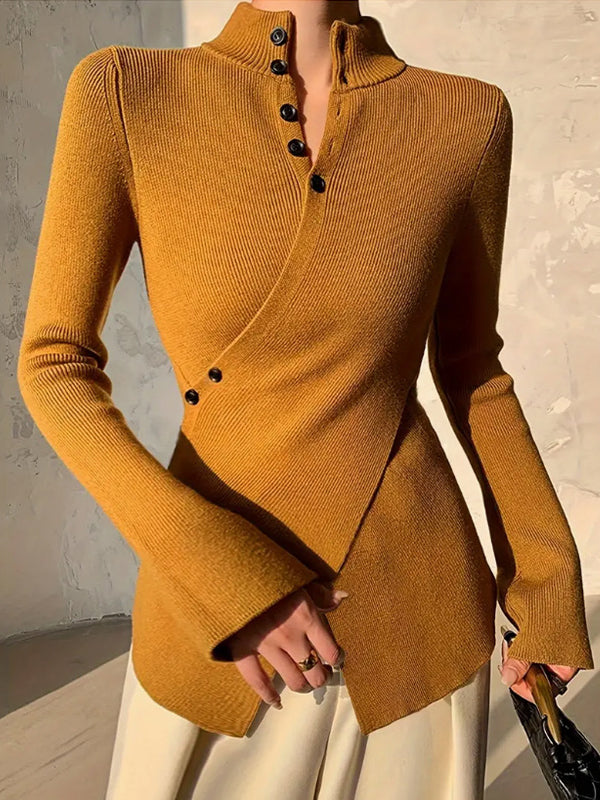 Damen Asymmetrischer Strickpullover Mit V-Ausschnitt Und Knopfleiste
