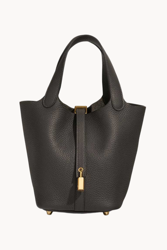 Lumière Noir | Kompakte Handtasche aus genarbtem veganem Leder mit goldenen Details für Damen