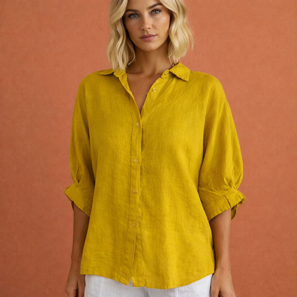 Damen Leinenbluse mit weitem Schnitt und hochgekrempelten Ärmeln