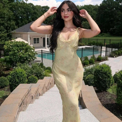 Florales Maxikleid mit tiefem V-Ausschnitt und offenem Rücken Sommerkleid