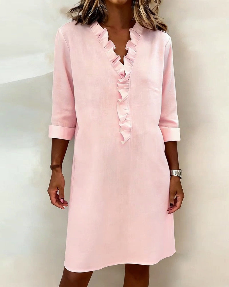 Leinenmischgewebe Kleid mit Volant und geradem Schnitt