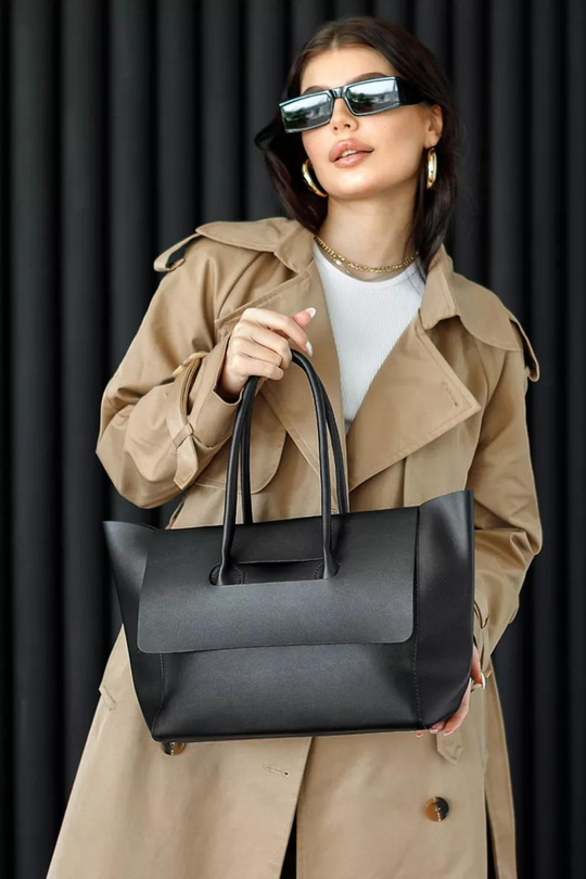Monel Noir | Elegante große Handtasche aus veganem Leder mit Magnetverschluss für Damen