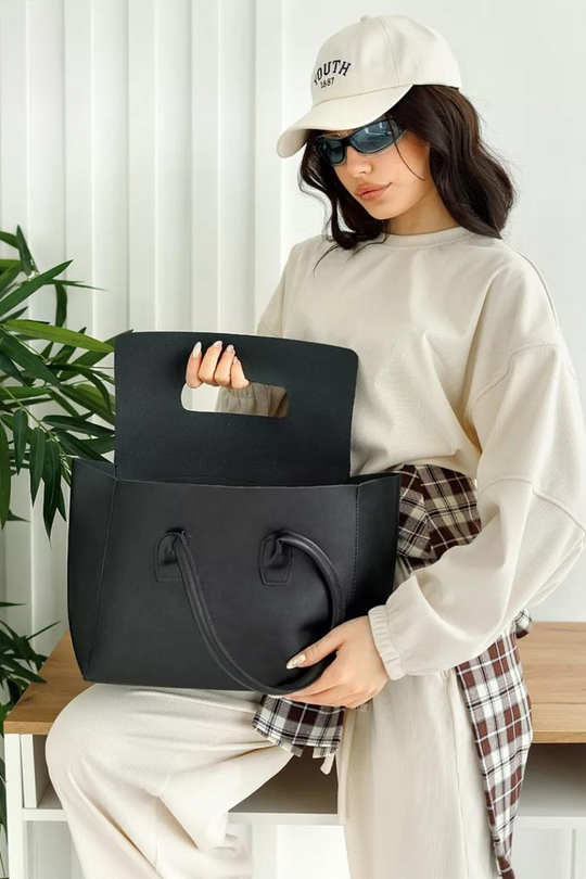Monel Noir | Elegante große Handtasche aus veganem Leder mit Magnetverschluss für Damen