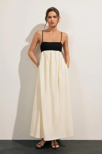 Midikleid aus Leinen-Baumwoll-Mischung für Damen, Schwarz und Weiß