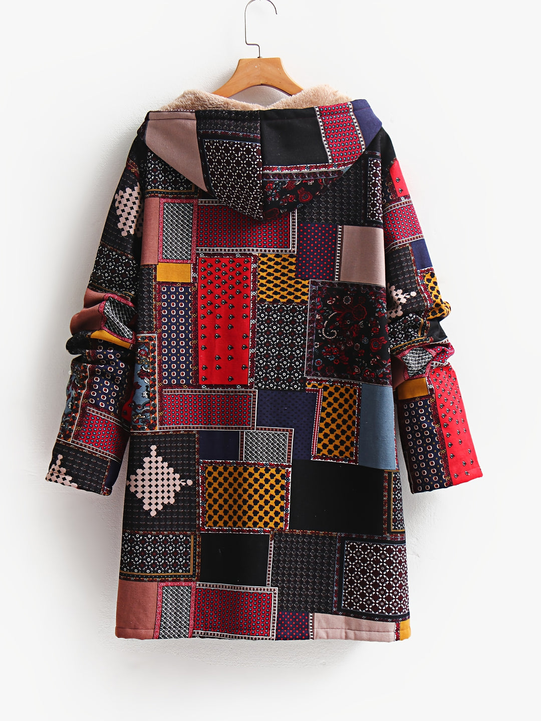 Kapuzensweatjacke mit geometrischem Patchwork-Muster für Damen