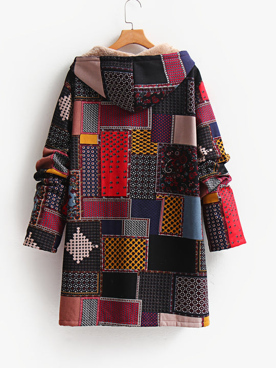 Kapuzensweatjacke mit geometrischem Patchwork-Muster für Damen