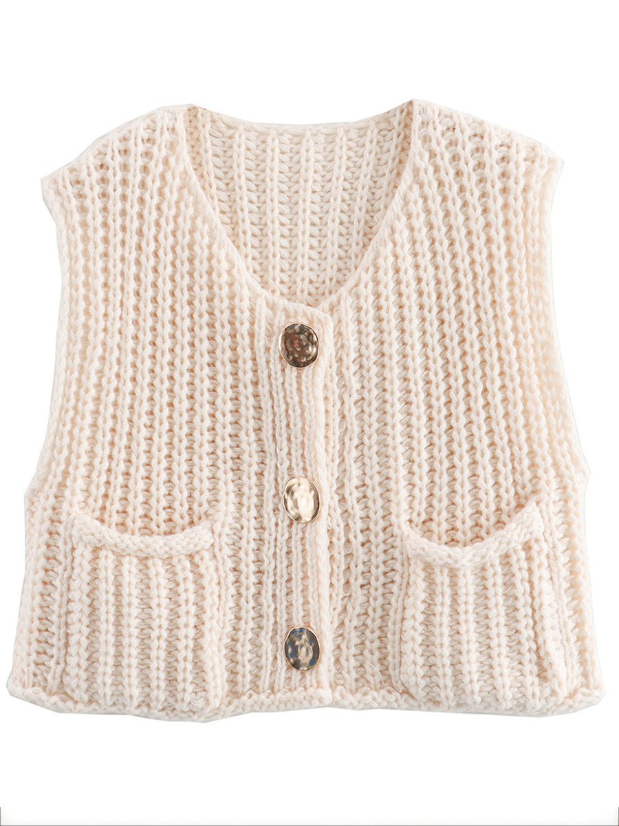 Damen Strickweste Ärmellos Mit Knöpfen Und Taschen
