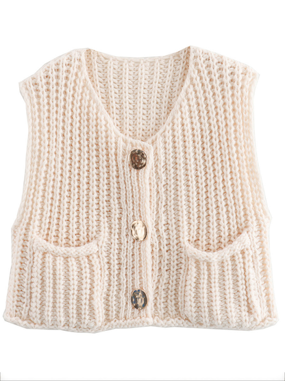 Damen Strickweste Ärmellos Mit Knöpfen Und Taschen