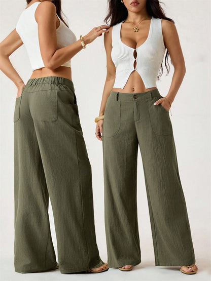 Hose mit weitem Bein aus Baumwoll-Leinen-Mischung, hohe Taille