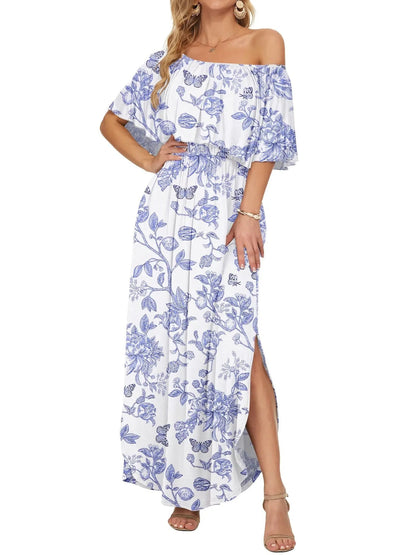 Damen Blumenmuster Schulterfreies Sommer Maxikleid