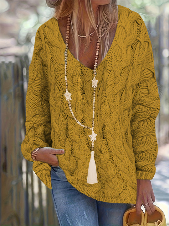 Grob gestrickter V-Ausschnitt Pullover mit Zopfmuster für Damen