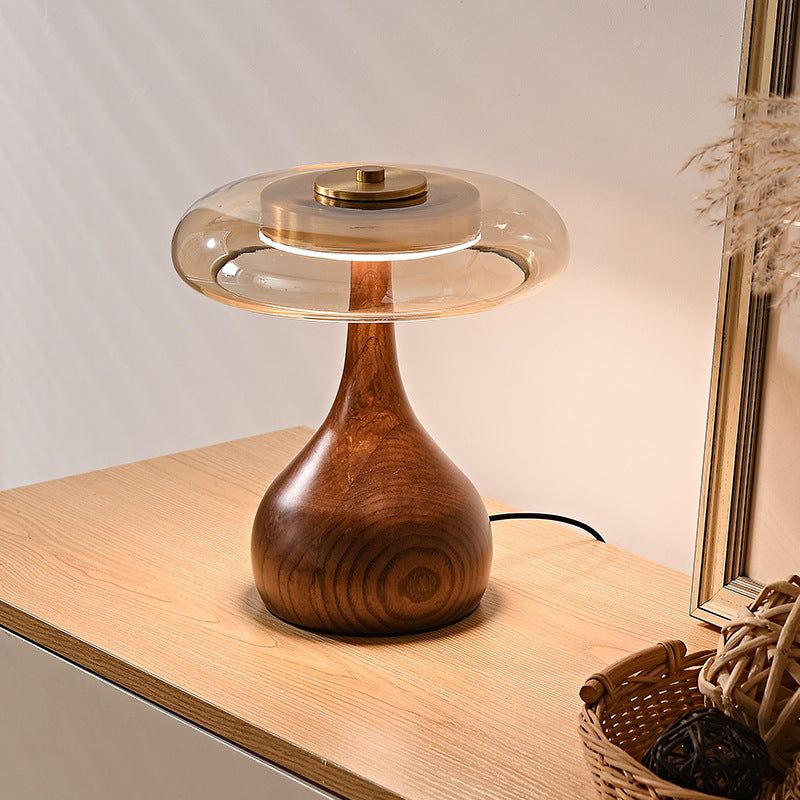 Tischlampe aus Holz und Glas im Vintage-Design