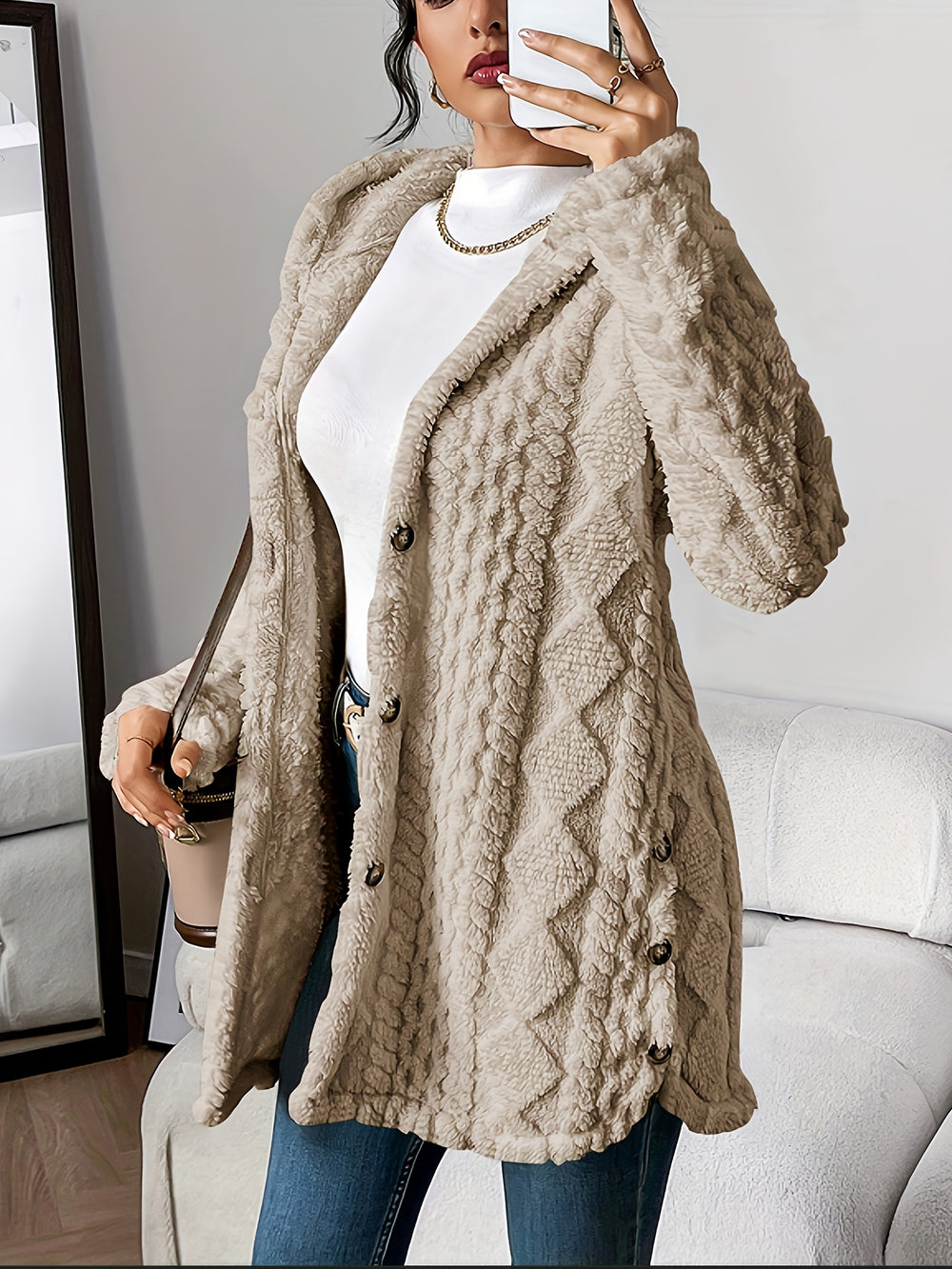Lässiger Teddy-Mantel mit Knöpfen für Damen