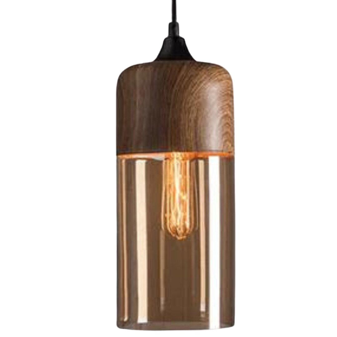 Skandinavische Holz-Deckenlampe mit getöntem Glas