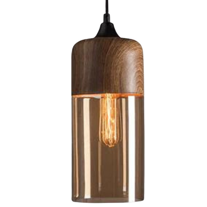 Skandinavische Holz-Deckenlampe mit getöntem Glas