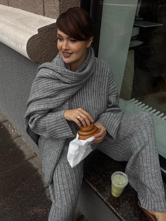 Damen Strick Set Dreiteilig Mit Schal