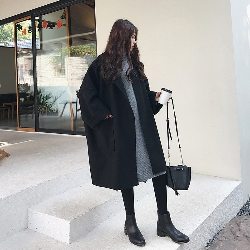 Damen Trenchcoat Lang Im Vintage Design Mit Wolloptik
